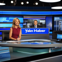 A professional news studio with a funny news presenter also text displaying “Yalan Haber” in background screens