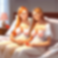 Two Russian girls sitting in bed, massaging each other's breasts with cream