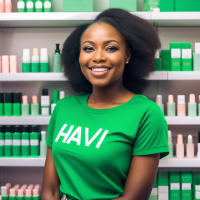 A beautiful Nigerian woman in a cosmetic shop wearing a green T-shirt, havi is written on it. She is smiling and holding lipgloss 