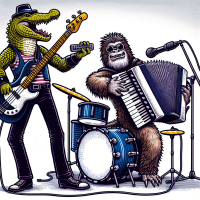 Намалювати тріо рок музикантів: бас гітара, крокодил акордеон,  барабани