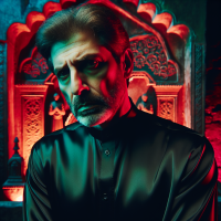 A “50” years old iraninan boy whit black blouse , he is very sad, height photo , dark fantasy, light neony ، green and red atmosphere  ، mourning ، in background Shrine of Imam Hossein with red lights .
