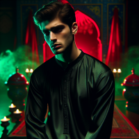 A 20 years old iraninan boy whit black blouse , he is very sad, height photo , dark fantasy, light neony ، green and red atmosphere  ، mourning ، in background Shrine of Imam Hossein with red lights .