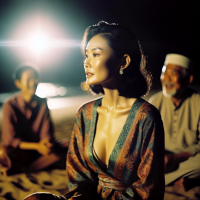 Nighttime, extreme close up, 35mm iso 200 Cinestill 800T light leak slow shutter speed motion blur, a beautiful woman sitting on a beach, sternum visible but she is not topless, family in the background, looking forward with her head tilted up.