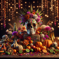 stunning still-life photo render of a mexican skull calavera, surrounded by poetic ornamental elements such as fruits, flowers, garlands of lights and native plants, studio lighting, 8k