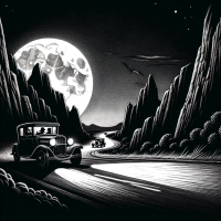 b&w, cartoonist style, night, moon, road, mountains, car