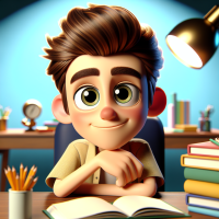 a Disney Pixar young man that is friendly looking at the camera sitting at a desk