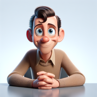 A Disney Pixar man that is friendly and looking at the camera sitting at a desk 