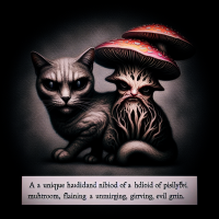Psylocibin and cat hybrid, sinister mutant, evil grin, dark fantasy, grim, sadness