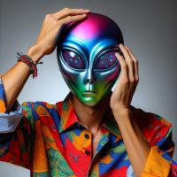 Your task is to create a picture of a man who puts on an alien mask on his head. We want this image to stand out with creativity and details that capture the interesting contrast between the human and the alien. Let your imagination run wild and create something that will surprise and delight us all. We look forward to seeing your work! 
