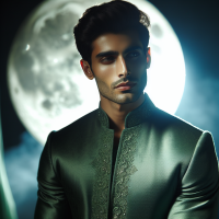 A pure and beautiful man in a green dress and robe in the moon