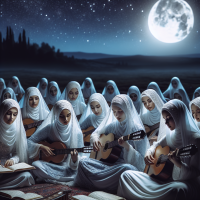 Some religious girls are wearing veils and they are performing music and they are busy singing group music on a beautiful night with a full moon