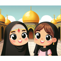 Two girls with black veils and smiling faces are in the shrine of Imam Reza next to the dome of the shrine