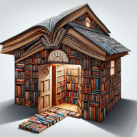 A hut with a book design and full of books inside 