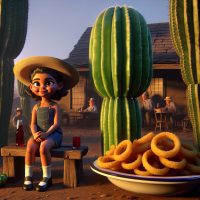 A girl without clothes  with cactus sitting next to onion rings in a farm, 1960s Cartoon