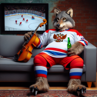 A wolf with a big belly in a Russian national hockey team uniform sits on a sofa in front of a TV. In one hand he holds a violin and in the other hand he holds a bottle of beer.