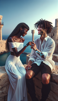 A happy young couple: a girl in a plain white dress, a boy in a white shirt with a loose collar and black pants rolled up to the knees. They are in love. Sitting on the ruins of an ancient castle in Cyprus with the sea view. make sure their fingers are made perfect like humans.