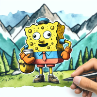 SpongeBob SquarePants dressed as a mailman drinking a cup of coffee in a mountainside scene, watercolors by 5 year old