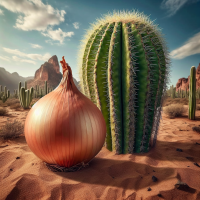 A cactus sitting behind an onion