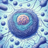 In the form of a picture, show me the chromatins of the nucleus, which are normally in the form of long and tangled threads, the pair of centrioles should be inside the cytoplasm, and the colors should be natural and normal, and the background should be almost blue.