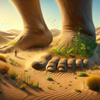 Imagine two large, sturdy feet standing in a dry, lifeless desert. These feet are so large and sturdy that every time they take a step, the ground beneath them miraculously comes alive with greenery.  Image Details:  1. Big Foot:  • Two huge, finely detailed feet, covered in dirt and sand, representing strength and strength. These feet are slowly walking on the ground.  2. Desert turns into forest:  • Every time a foot lands, young green plants quickly sprout from the ground. Soft grass, colorful flowers, and small trees quickly grow, forming a small, lush forest.  3. Background:  • Dry desert with sand dunes and blue sky, creating a stark contrast to the new greenery. Sunlight gently shines on the scene, conveying a sense of hope and life.  4. Natural Elements:  • Around the feet, small birds and insects are moving and living, indicating the return of life to this area.  • Warm, natural colors such as yellow, orange, and brown, along with lush green, add depth to the image.  5. Visual Message:  • An inspirational quote is written in the corner of the image: 