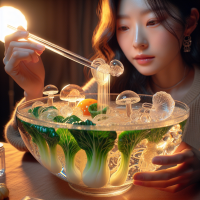 🎥 영상 프롬프트  “A beautiful young Korean woman sitting in front of a large transparent glass bowl, filled with Malatang where every ingredient is made entirely of crystal-clear glass — glass bok choy, glass mushrooms, glass noodles, and shimmering glass broth. The entire dish sparkles under warm studio lighting, with realistic refractions and reflections. She uses transparent glass chopsticks to pick up the glass ingredients, the light refracting through them, and bites carefully. Cinematic close-ups on the intricate glass textures, soft steam-like light effects, and her fascinated, delighted expression.”  ⸻  🎧 사운드 프롬프트  (영상에 쓸 소리 효과 설명)  “Delicate clinking sounds of glass pieces touching, soft chime-like tapping when glass chopsticks pick up ingredients, a faint echo when the glass broth moves inside the bowl, subtle ASMR-style glass tinkling, and a light, crystalline pouring sound when she sips the broth.”