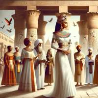 انشى صوره لسيده مصريه ترتدى ملابس فرعونيه ويظهر فى الخلفيه معبد الكرنك وحولها مجموعة من وصيفات الملكه والحراس من الرجال