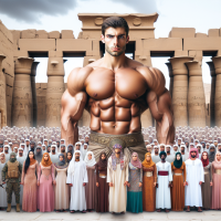 انشى صوره لملك فرعوى يرتدى ملابس عسكريه فرعونيه جسمه قوى وتظهر عضلاته فى الصوره ويظهر فى الخلفيه معبد الكرنك وحوله مجموعة من وصيفات الملكه والحراس من الرجال